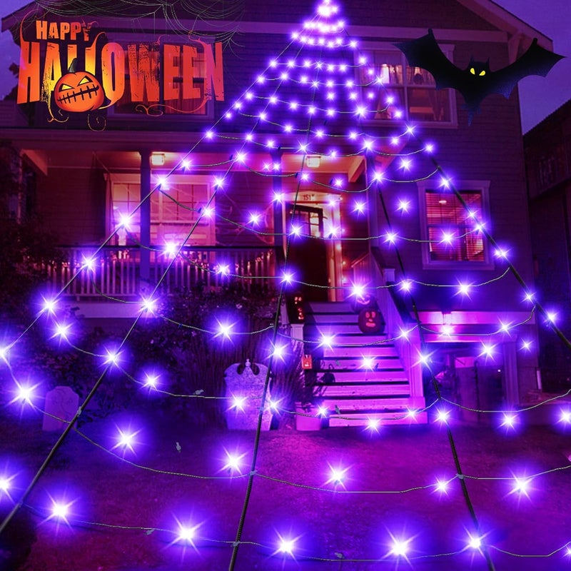 BlcTec Halloween Giant Spider Web Lights, 19.7ft x 14.7ft Lighted Black Spider Web with 250 LED, Sturdy Wire Halloween Web Lights with Waterproof, 8 Modes, Timer for Yard Haunted House Décor (Purple) - Image 1